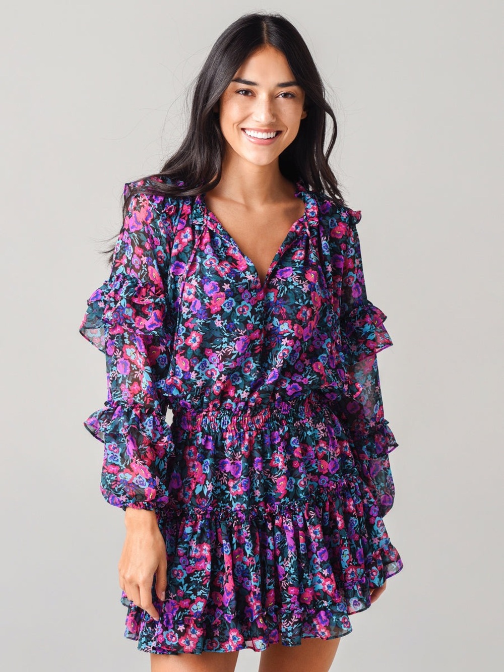 Miss Rizou Floral Ruffle Long-Sleeve Mini Dress - Purple Floral